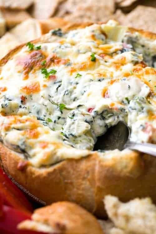 Hot Spinach and Artichoke Dip (in a bread bowl) Spend With Pennies