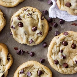 overhead of soft chewy chocolate chip cookies
