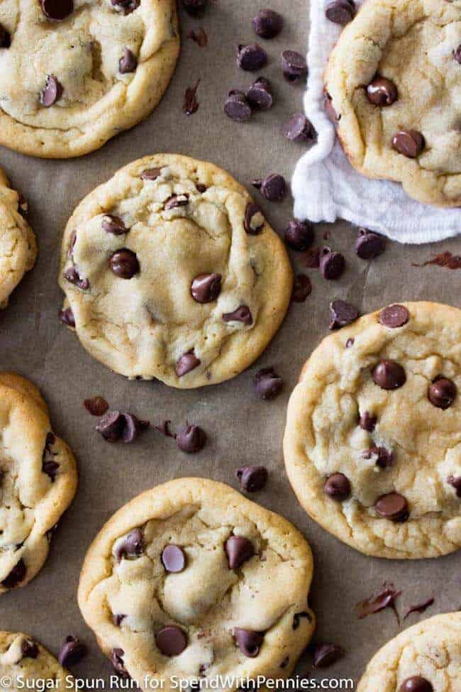 overhead of soft chewy chocolate chip cookies