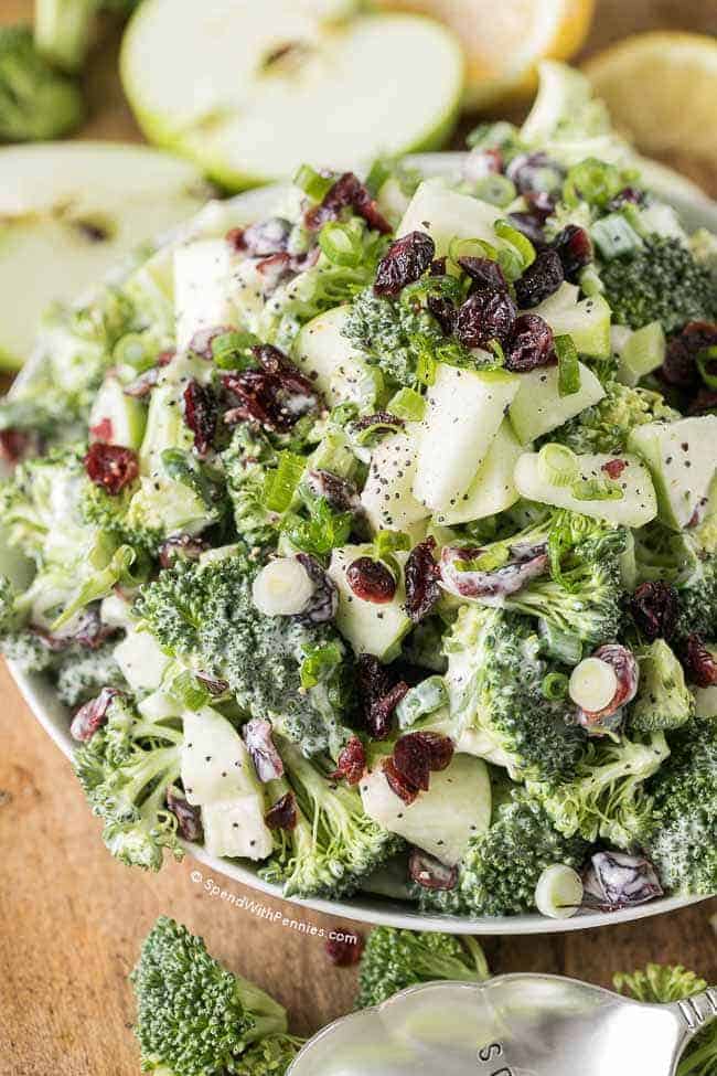 White bowl full of Broccoli Cranberry Salad