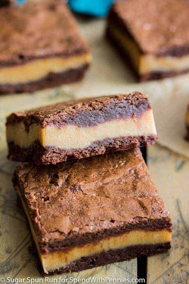 Peanut Butter Fudge Brownies on a wooden board