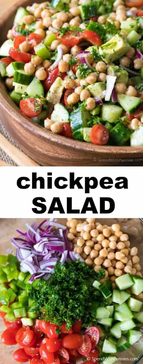 This beautiful Chickpea Salad combines all of my favorite fresh vegetables in one delicious bite. Juicy tomatoes, refreshing cucumbers, creamy avocados with chickpeas all tossed in an easy homemade lemon kissed dressing. This is the perfect make ahead dish as this salad keeps for days!