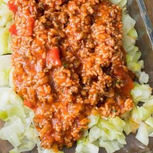 Ingredients for Unstuffed Cabbage Casserole in a dish