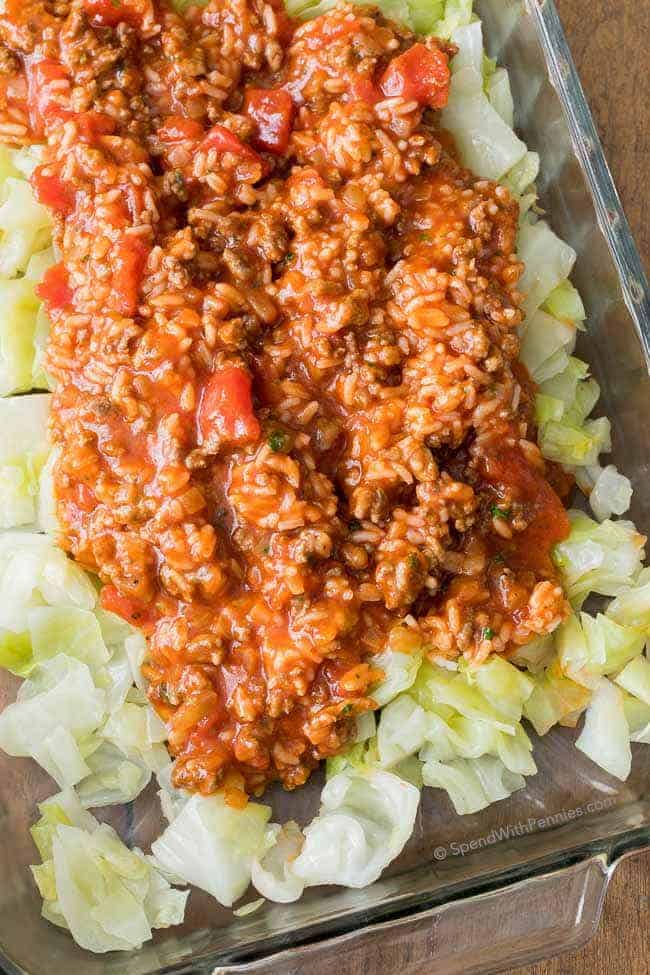 Ingredients for Unstuffed Cabbage Casserole in a dish