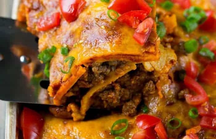 beef enchilada casserole on spoon