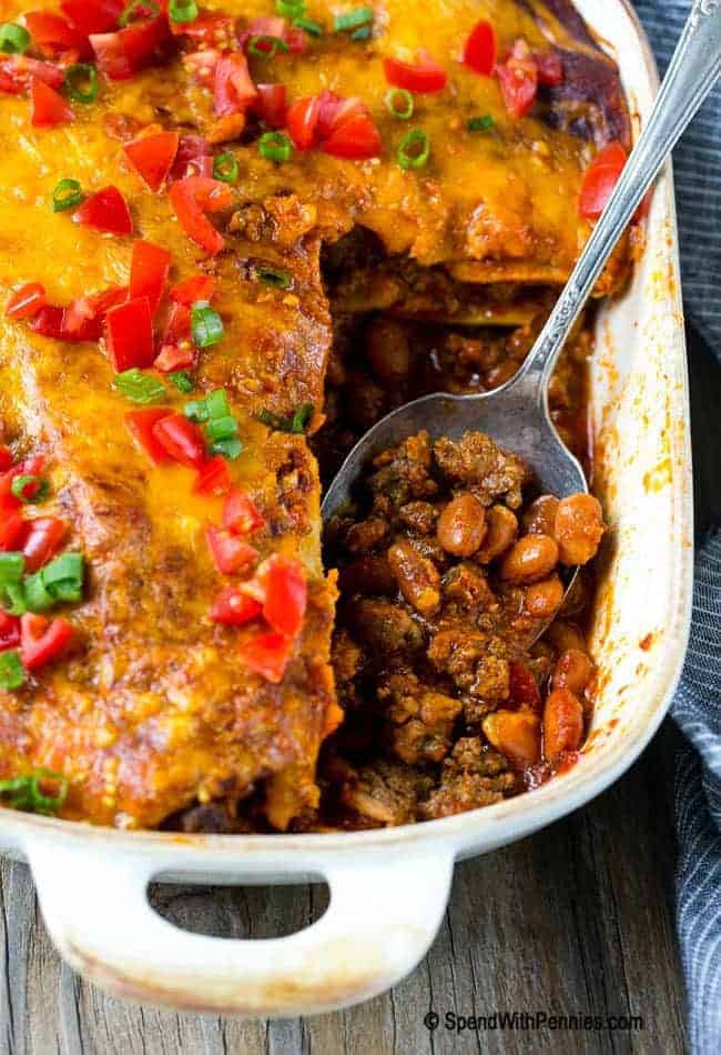 Beef Enchilada casserole with a spoon