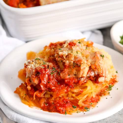 Chicken Parmesan Spaghetti Squash on a white plate