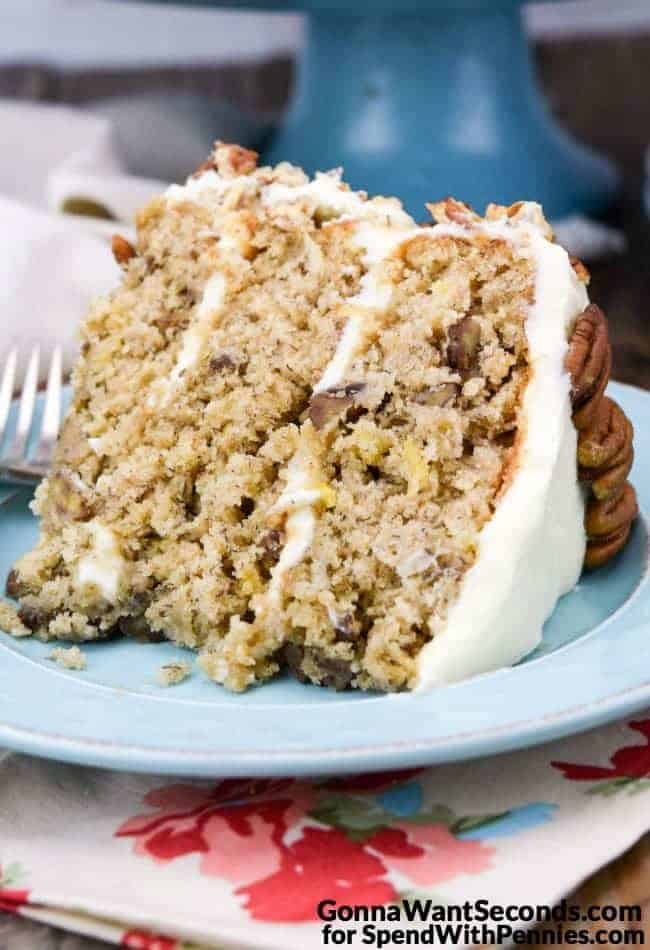 slice of Hummingbird Cake on blue plate