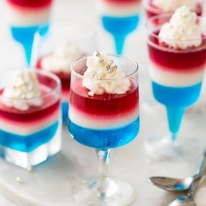 Several glasses of 4th of July Layered Jello