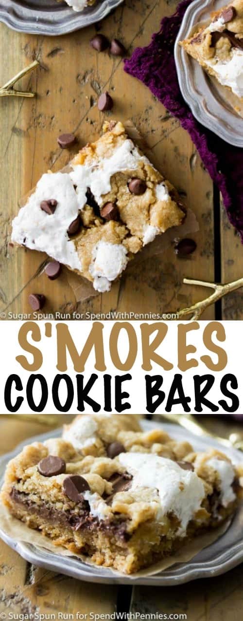 These S'mores Bars are made with graham cracker crumb based cookie layers sandwiched around melty milk chocolate and gooey marshmallow. A fun, baked, twist on traditional S'mores -- great for enjoying indoors! #spendwithpennies #homemadesmores #homemadedessert #dessertrecipe #partyrecipe