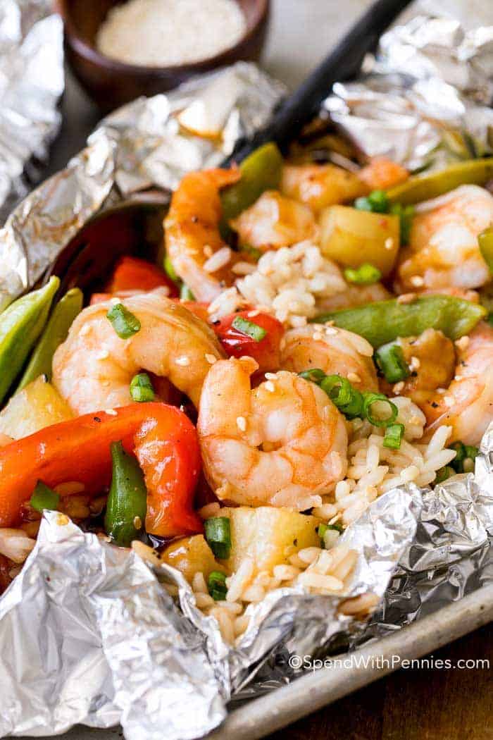 Teriyaki Shrimp Foil Packets with rice and peas and peppers