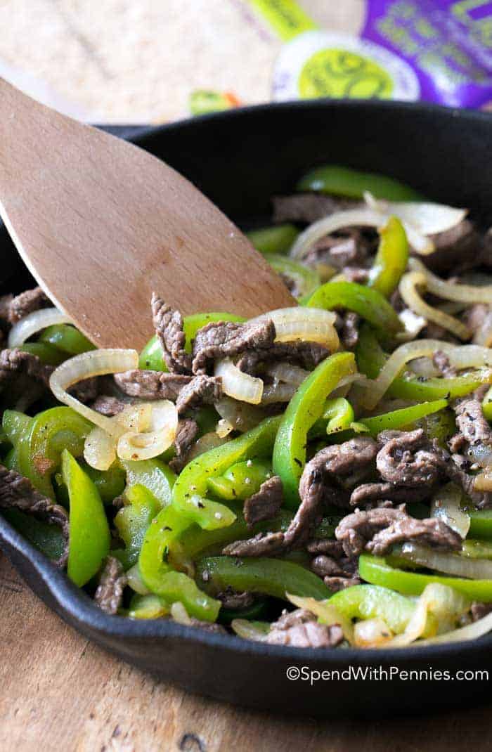 Cheese Steak Wraps filling being cooked