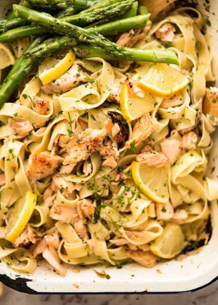 Overhead picture of Baked Lemon Butter Salmon Pasta with asparagus