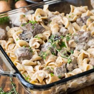 Beef Stroganoff Casserole in baking dish