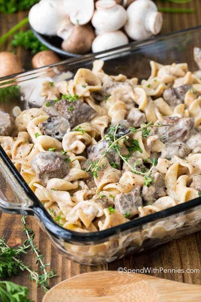 Beef Stroganoff Casserole in baking dish