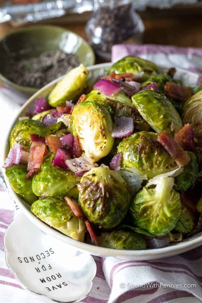 Brussel sprouts with bacon in serving dish