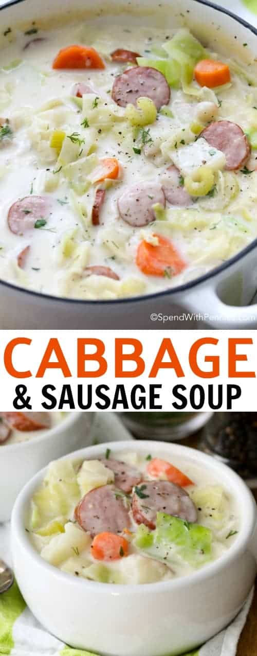 cabbage and sausage soup with text in bowls