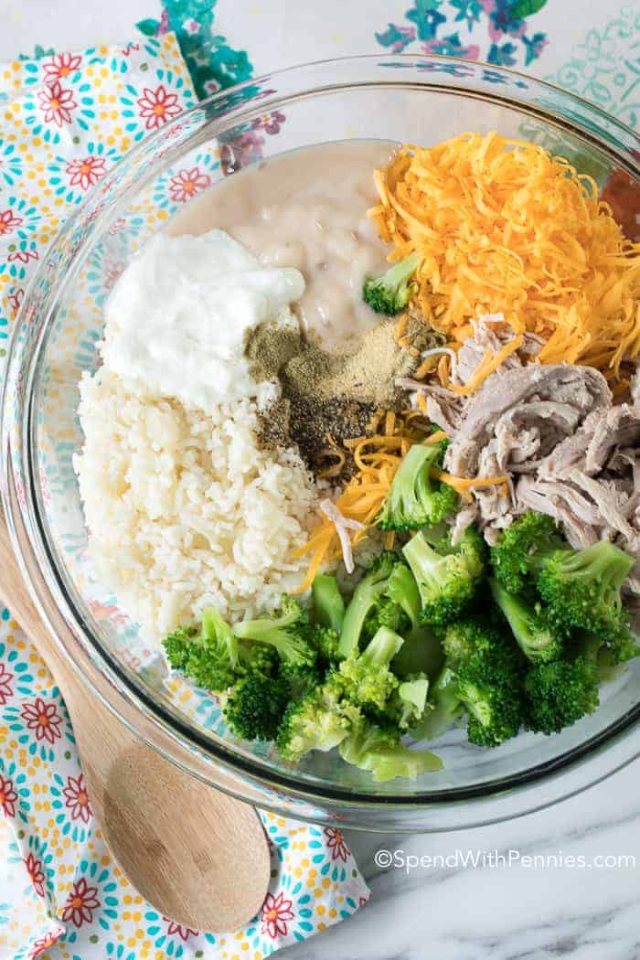 Broccoli Rice Casserole ingredients unmixed