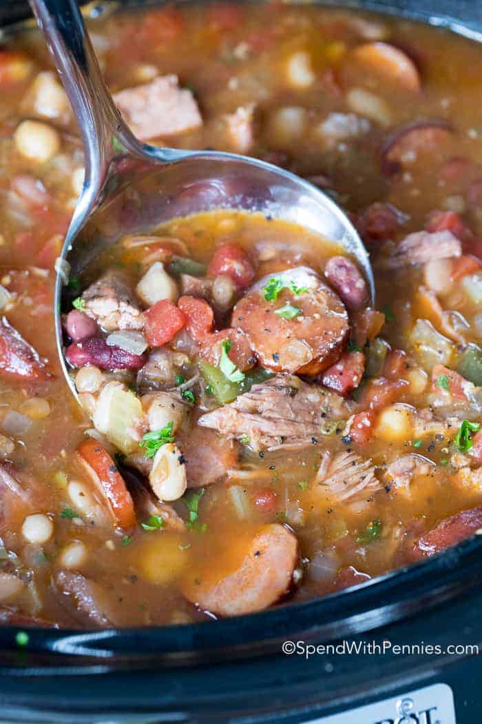 Cajun Bean Leftover Turkey Soup with serving spoon