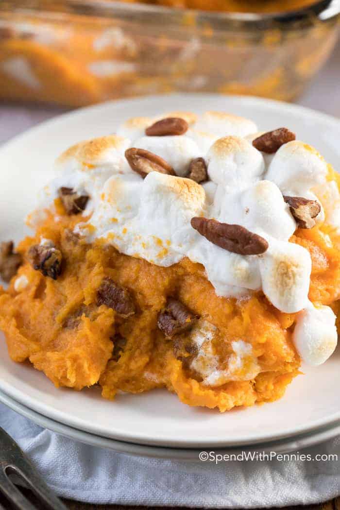Sweet Potato Casserole on plate with pecan topping