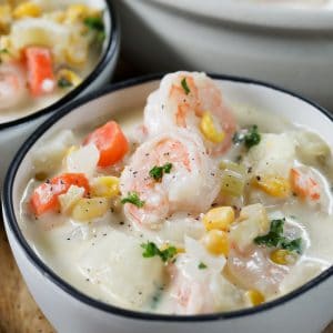 Creamy Shrimp Chowder in a white bowl