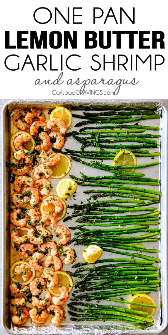 Roasted Lemon Butter Garlic Shrimp on a sheet pan with writing