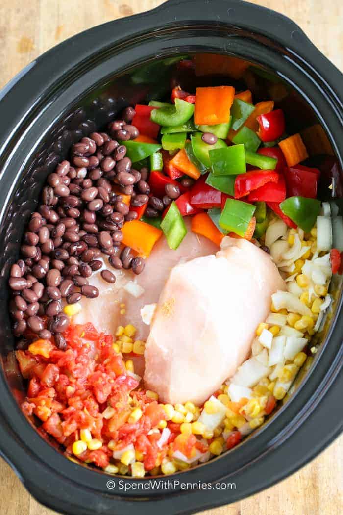 Ingredients for Slow Cooker Chicken Chili in a slow cooker