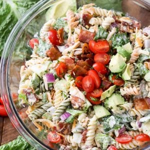BLT Pasta Salad in clear glass bowl