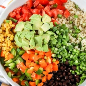 Black Bean Quinoa Salad ingredients in a white bowl