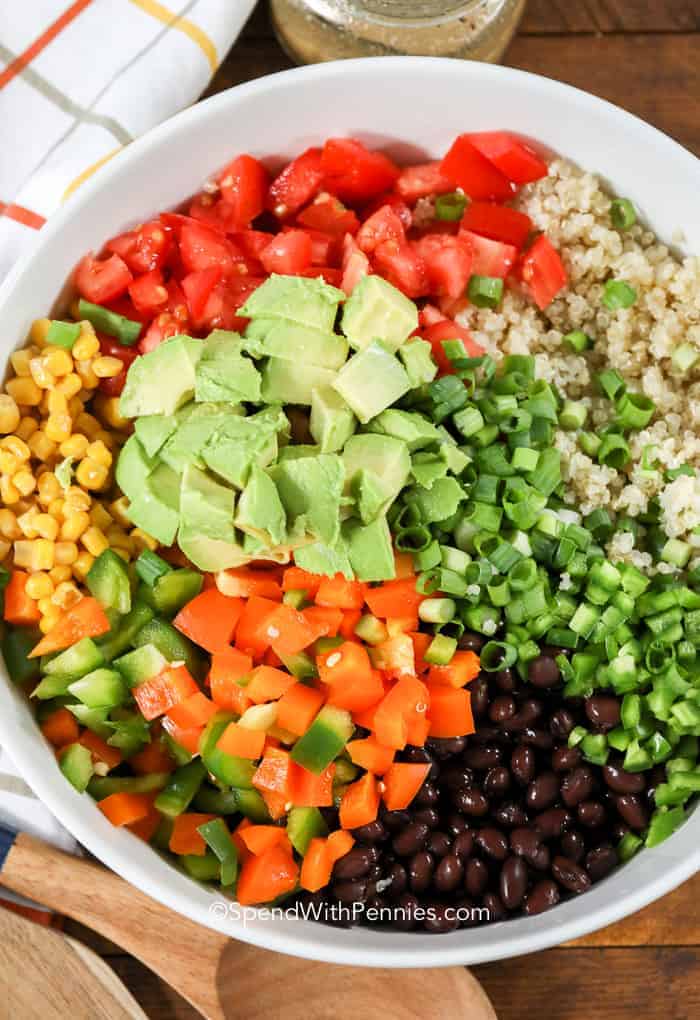 Black Bean Quinoa Salad ingredients in a white bowl