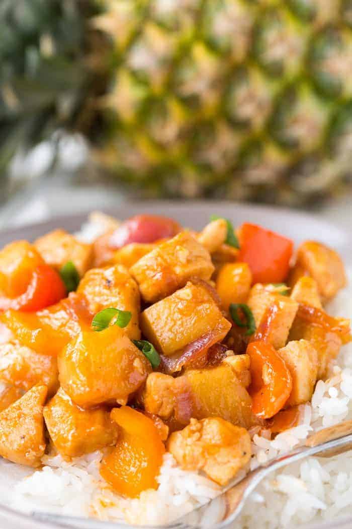 Hawaiian Chicken, sweet and tangy chicken in a sticky sauce served over rice