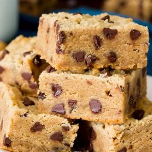Stack of peanut butter cookie bars on a plate