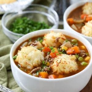 Shepherds Pie Soup in white bowls with parsley