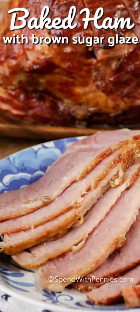 Baked Ham with Brown Sugar Glaze on a plate with writing