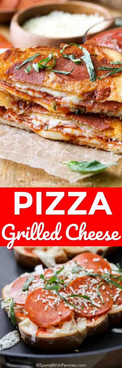 Pizza Grilled Cheese on a pan and on a wooden board with writing