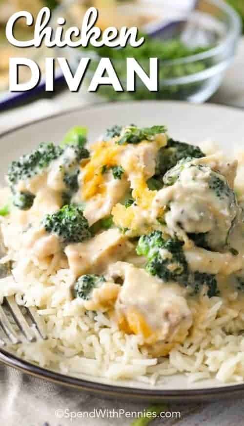 Chicken Divan served over rice in a bowl