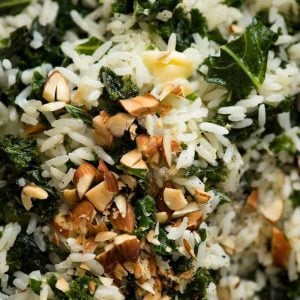 Garlic Butter Kale Rice with almond garnish