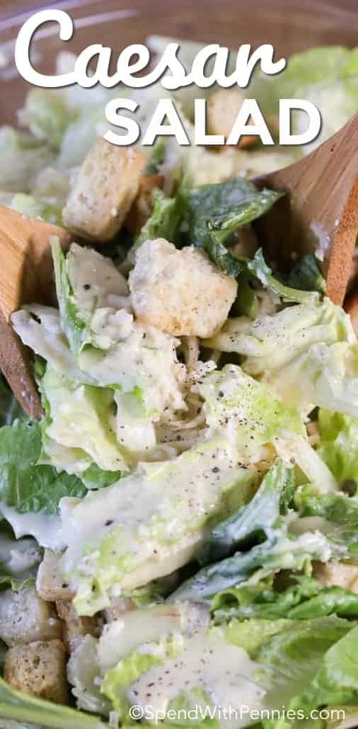 Caesar salad is one of my all time favorite salads! A rich and creamy caesar dressing is tossed with fresh romaine, an acidic punch from fresh lemon juice, crunchy croutons, and fresh parmesan cheese to give you one of the best classic salad staples! #spendwithpennies #simplesalad #easyrecipe #freshrecipe #sidedish #potluckmeal #summersalad