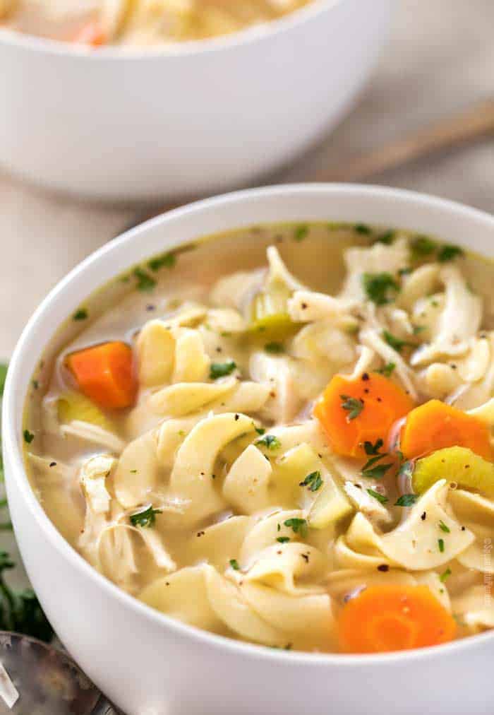 White bowl of chicken noodle soup with carrots