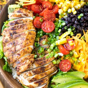 Overhead shot of Southwest Salad in a wooden bowl