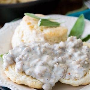 Homemade Biscuits and Gravy on a white plate