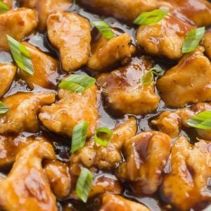 orange chicken close up in pan