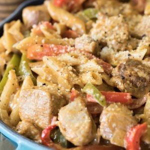Cajun Chicken Pasta in blue dish