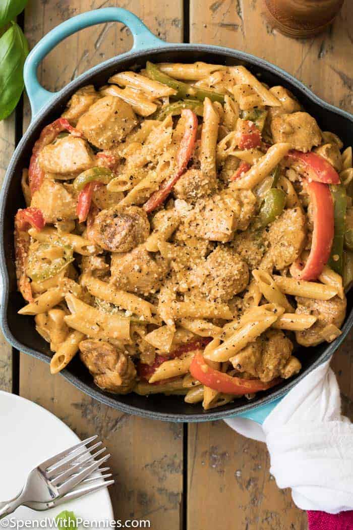 Overhead shot of Cajun Chicken Pasta in a blue pot