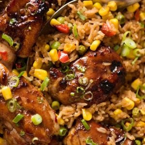 Close up of baked Chinese Chicken and Rice