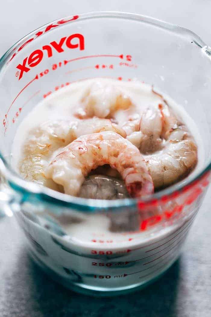 Shrimp soaked in buttermilk for bang bang shrimp