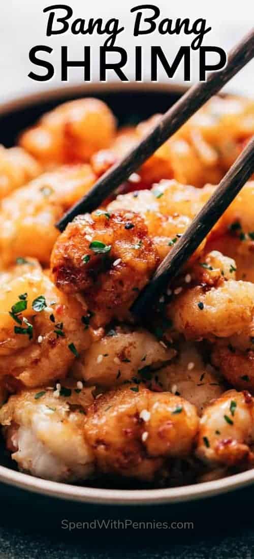 Bang Bang Shrimp is a huge hit with everyone - crispy shrimp, coated in a creamy, spicy sauce! The secret is in the sauce which is made with mayonnaise, sriracha and sweet chilli sauce. #spendwithpennies #shrimprecipe #easyrecipe #easyappetizer #shrimpappetizer #simpleseafood #seafoodrecipe