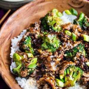 Bowl of beef and broccoli with rice