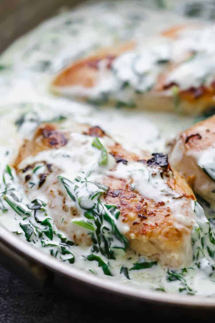 Closeup of creamy chicken florentine in the pan 