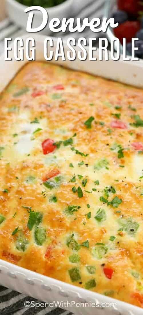 This Denver Egg Casserole is easy to make with ham, peppers and onions baked in a fluffy egg mixture! #spendwithpennies #breakfastcasserole #denveromelet #bakedeggs #eggrecipe #breakfastrecipe
